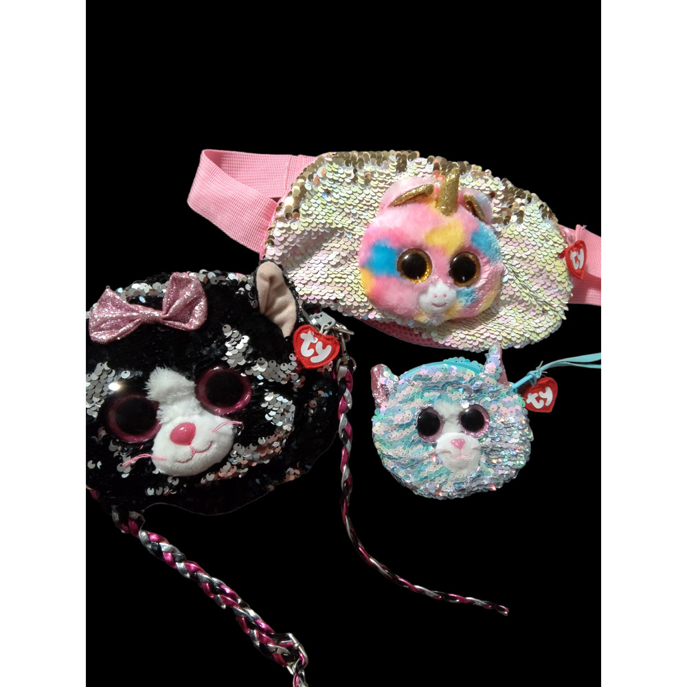 Ty Beanie Boos Flippy Sequin Bag Lot Fantasia Fanny Pack Kiki Purse Whimsy Coin